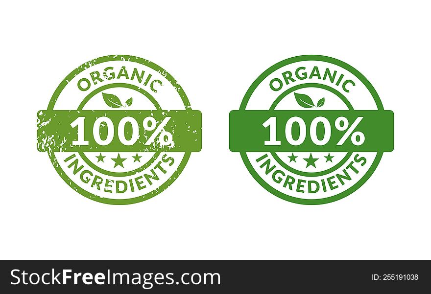 Organic Ingredients 100 percent green rubber stamp icon isolated on white background. Vector illustration