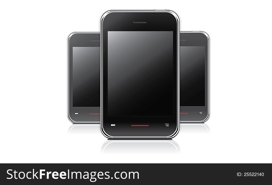 Vector realistic mobile phones in black on a white background with reflection. Vector realistic mobile phones in black on a white background with reflection.