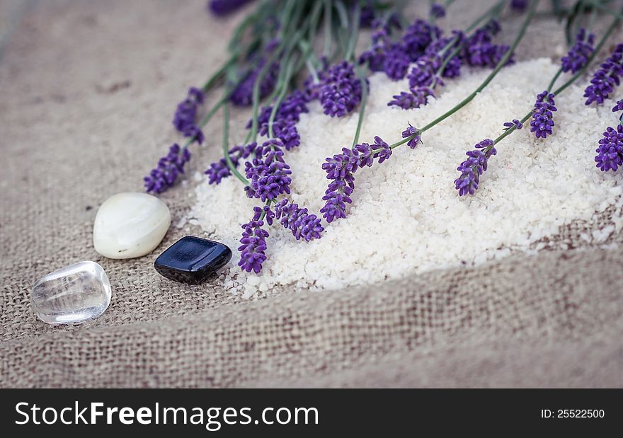 Lavender and mineral crystals in spa concept. Lavender and mineral crystals in spa concept
