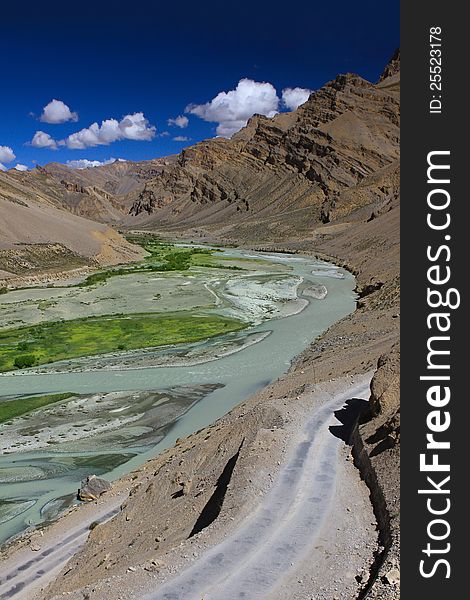 Mountain landscape with river. Zanskar