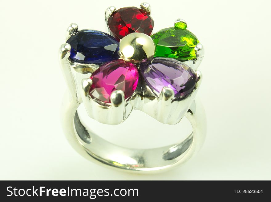 Woman silver ring with color circons. Woman silver ring with color circons