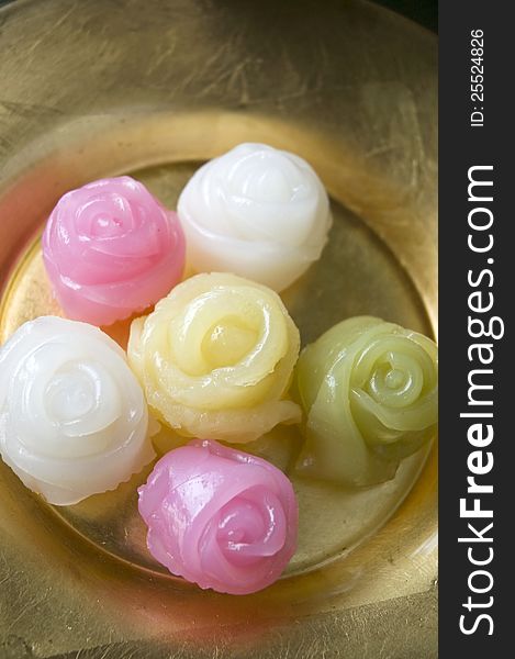 Close up sweet roses Thai traditional dessert Khanom Chan