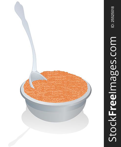 A cup and a spoon with red caviar. The illustration on a white background.