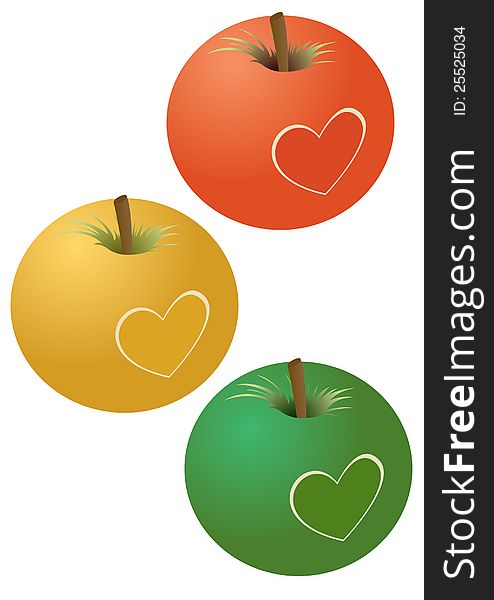 Three apples with the picture of a heart. The illustration on a white background. Three apples with the picture of a heart. The illustration on a white background.