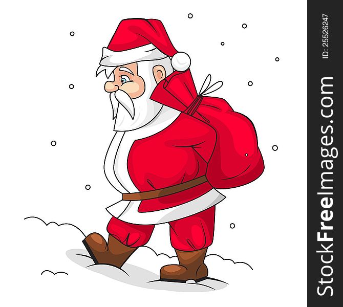 Illustration of happy Santa Claus with sack of gifts isolated over white.