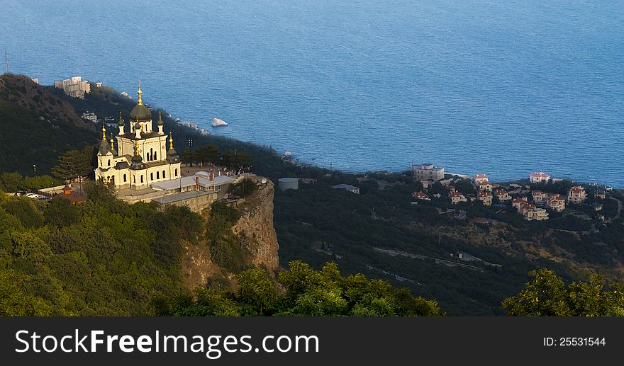 Travel religion nature background. Church marble of christ resurrection on coast of black sea in beautiful Foros of Crimea in Ukraine.