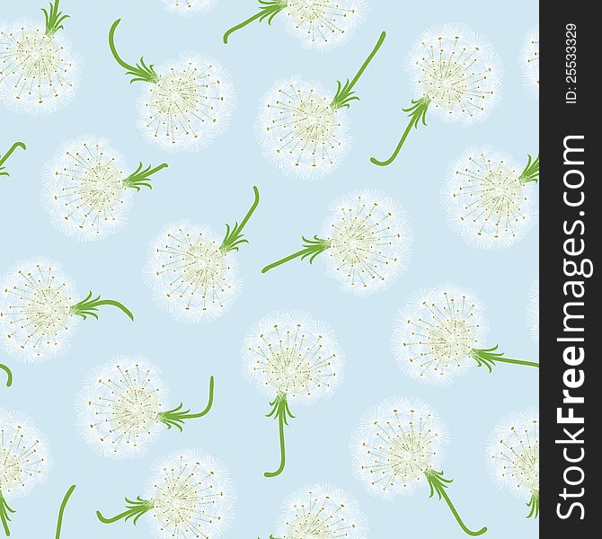 Seamless pattern with dandelions and seeds flying