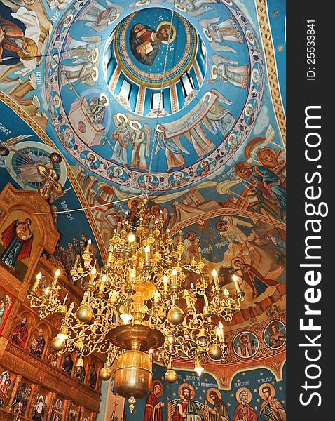 Church dome and chandelier of the church.Indoor of ortodox church