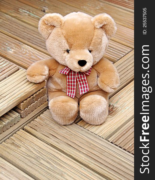 Photo of a gorgeous soft brown teddy bear enjoying his newly laid decking!. Photo of a gorgeous soft brown teddy bear enjoying his newly laid decking!