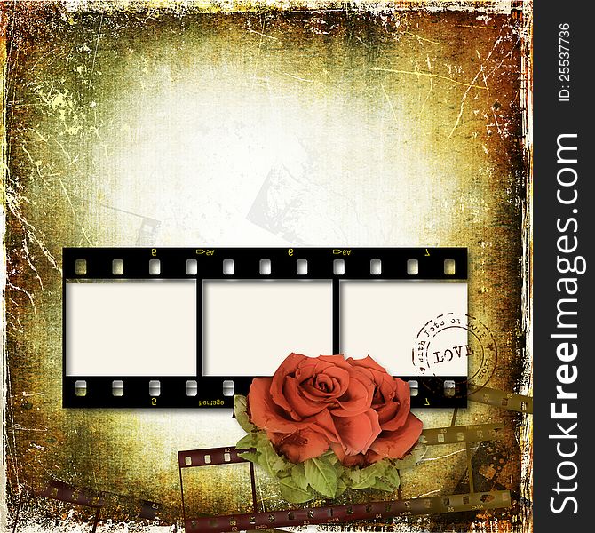 Grunge background with film frame and roses
