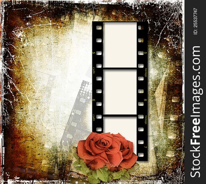 Grunge background with film frame and roses