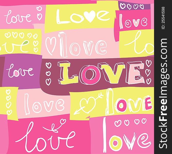 Vector seamless pink background with words and hearts. Vector seamless pink background with words and hearts