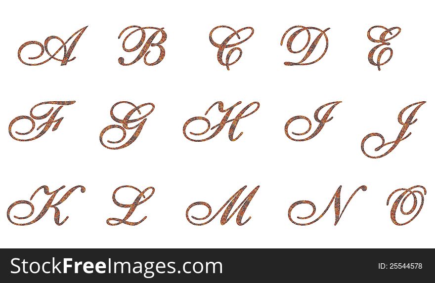Brown ornamental capital letters A-O. Brown ornamental capital letters A-O