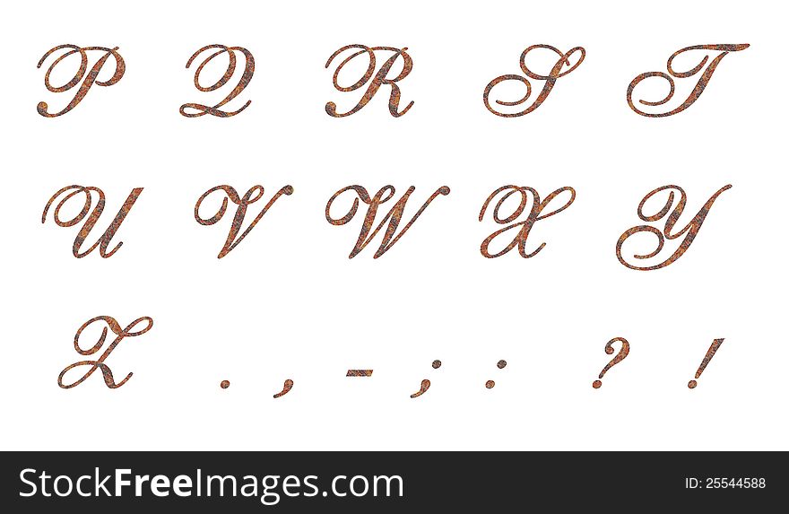 Brown ornamental capital letters P-Z and signs. Brown ornamental capital letters P-Z and signs