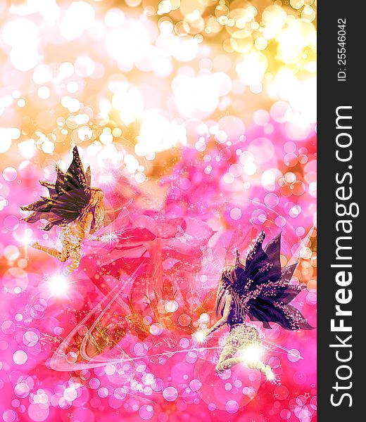 Flowers bokeh and fairies abstract light background. Flowers bokeh and fairies abstract light background.