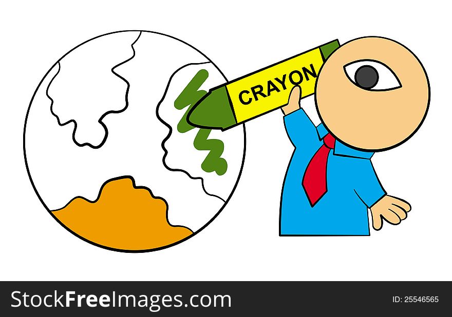 Illustration of a cartoon character coloring the world with a crayon. Illustration of a cartoon character coloring the world with a crayon