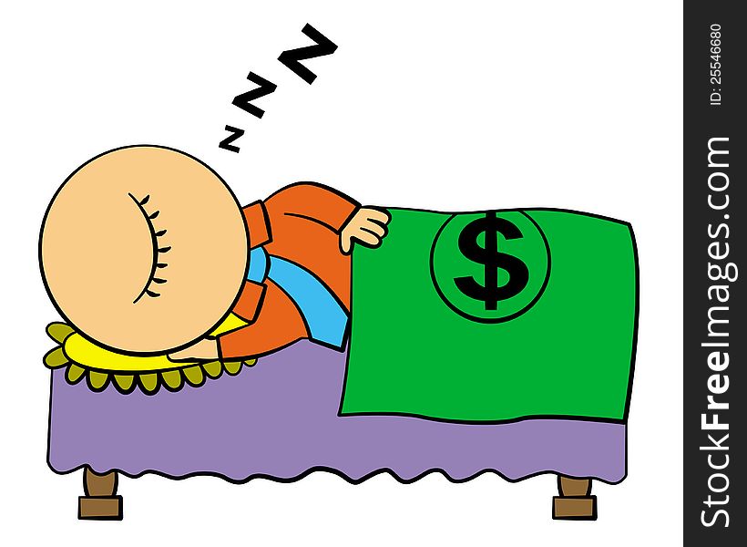 A funny illustration of a business man sleeping with a dollar blanket. A funny illustration of a business man sleeping with a dollar blanket