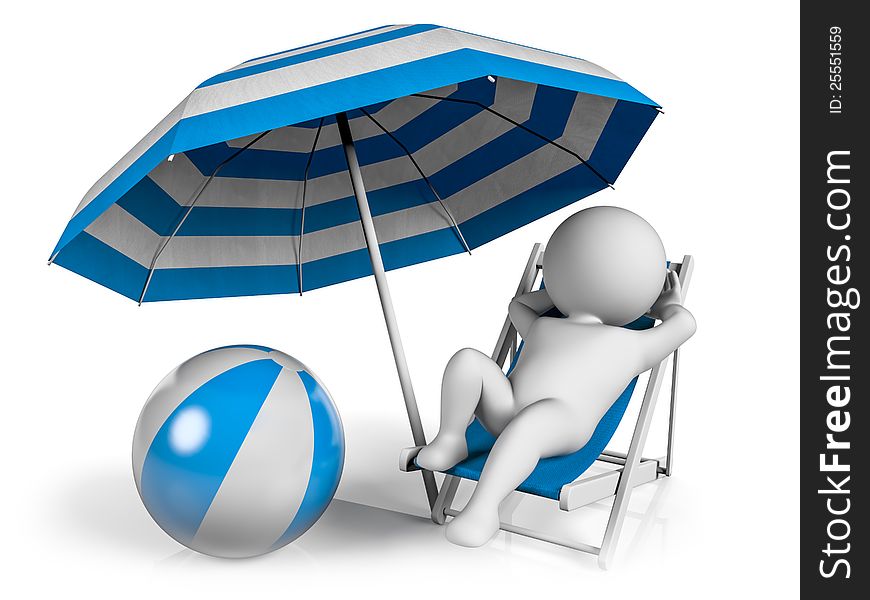 A person lying on a lounge chair enjoying his holiday under an umbrella at the beach. A person lying on a lounge chair enjoying his holiday under an umbrella at the beach