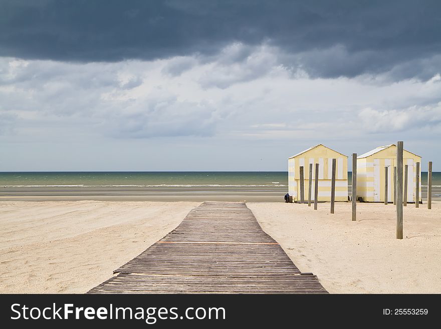 Beach Landscape with wooden beach huts. Beach Landscape with wooden beach huts