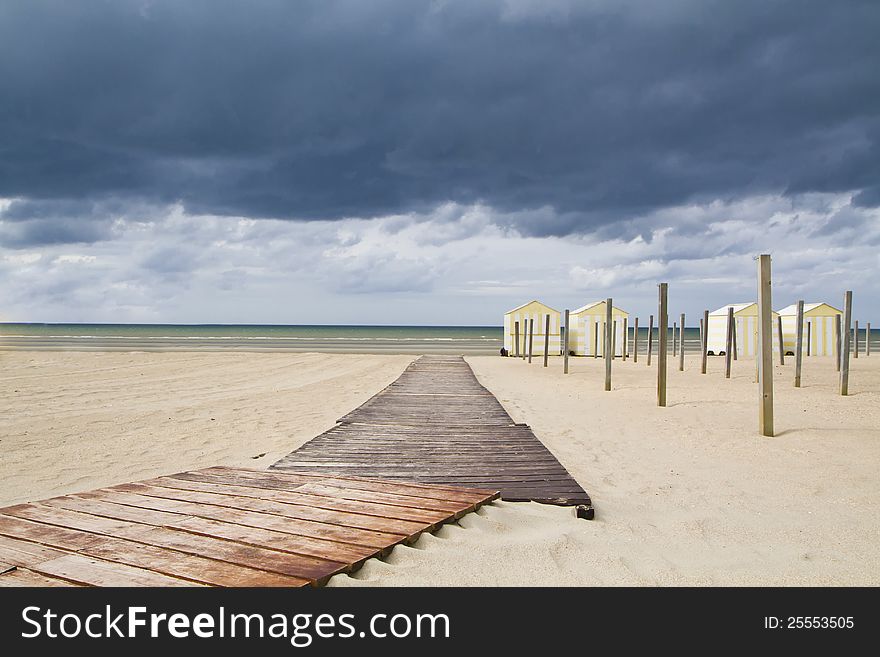 Beach Landscape with wooden beach huts. Beach Landscape with wooden beach huts