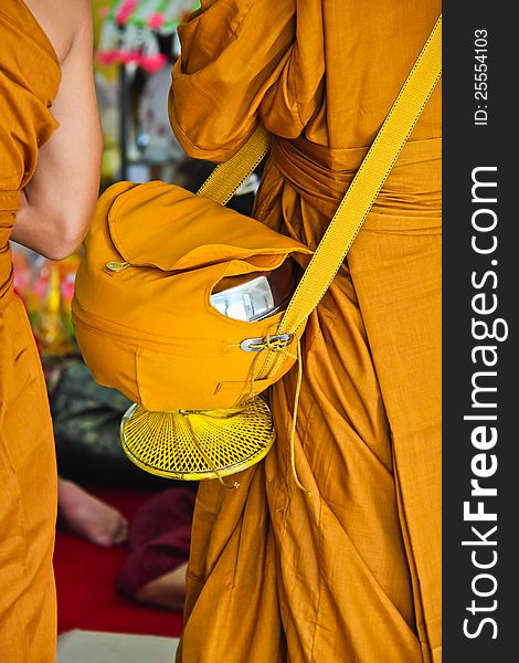 Monk's arms bowl in the Buddhist monk ordination ritual. Monk's arms bowl in the Buddhist monk ordination ritual