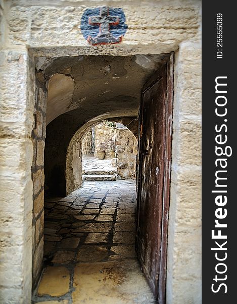 Small yard and flower-pots in old city of Jerusalem