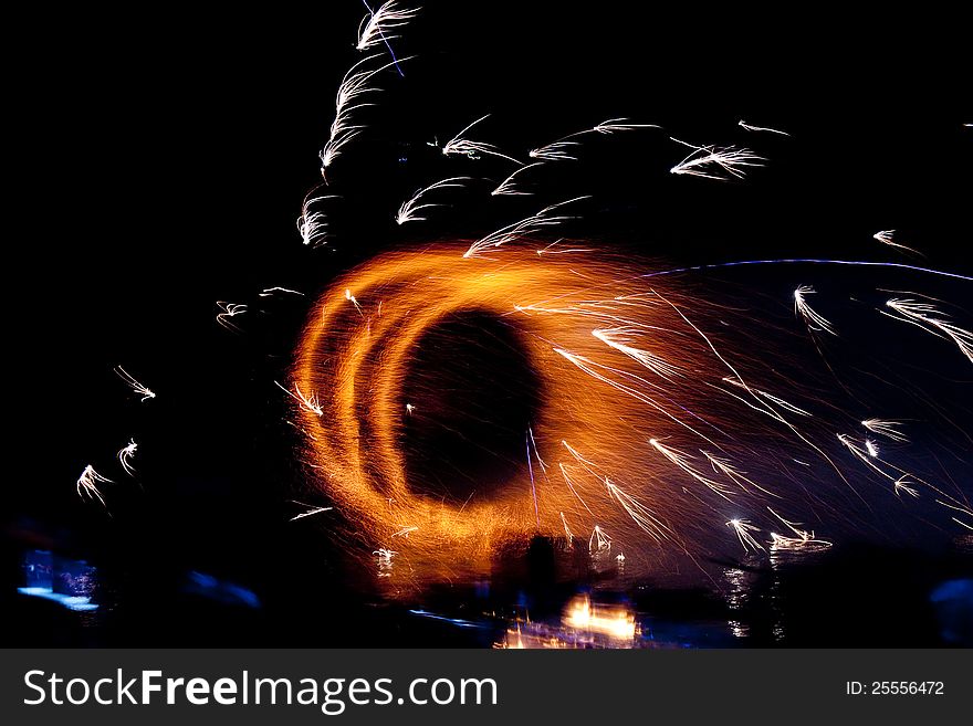 Fantastic Fire Show at night on beach