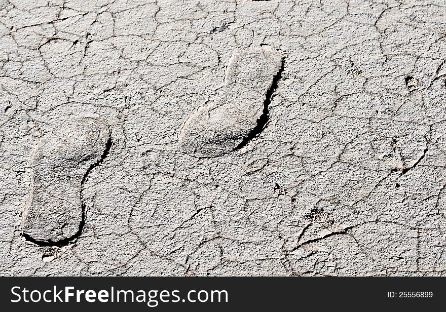 Two Footprints on a dry white cracked land. Two Footprints on a dry white cracked land