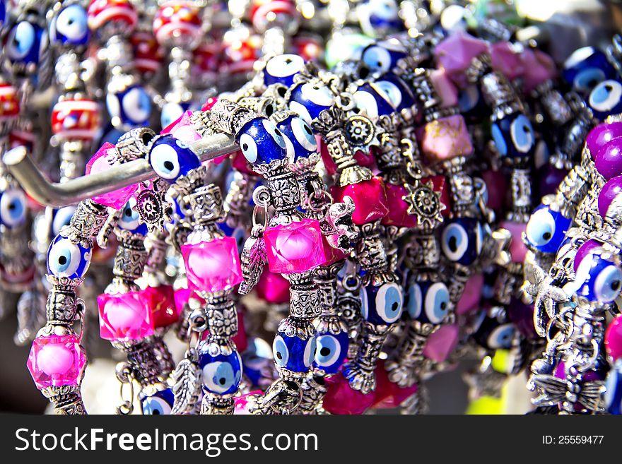 Colorful bracelets with the evil eye good luck beads in a Turkish bazaar