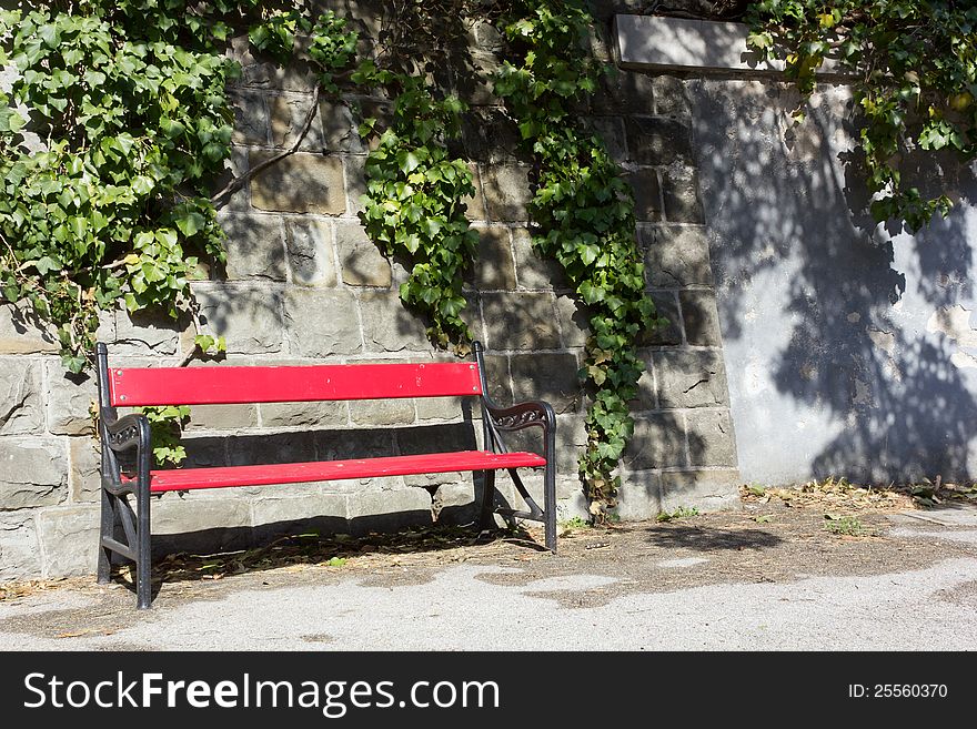 A red bench in a park, against a wall covered by ivy