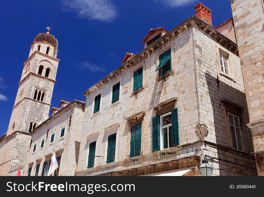 Church bell tower and buildings in Dubrovnik old town Croatia