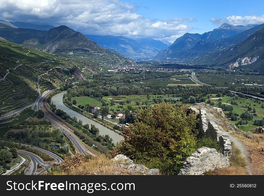 View of the fertile valley in the Swiss Alps