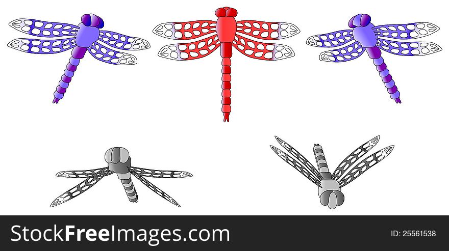 Dragonfly set (5 different views, 3 different colors). Modeled in 3D.