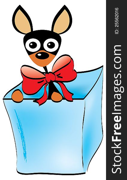 Doberman puppy with red bow in a box vector illustration. Doberman puppy with red bow in a box vector illustration