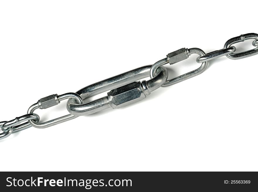 Metal chains linked by connectors isolated over white background. Metal chains linked by connectors isolated over white background