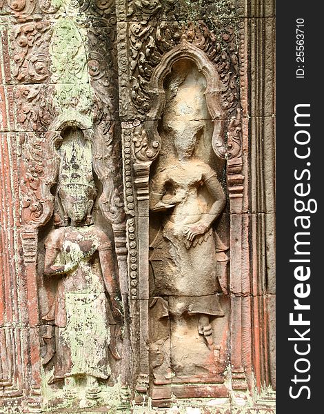 Apsara sandstone carving at Ancieht Ta Prohm Prasat, Siamreap, Khmer Republic