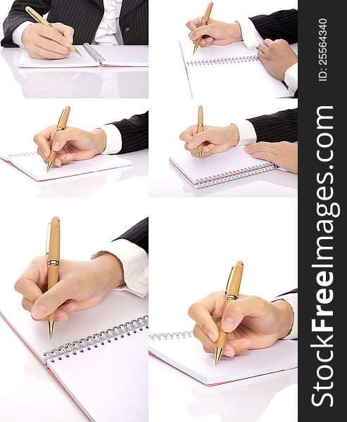 Set of business woman writing on the notebook. You can put your message on the paper. Set of business woman writing on the notebook. You can put your message on the paper