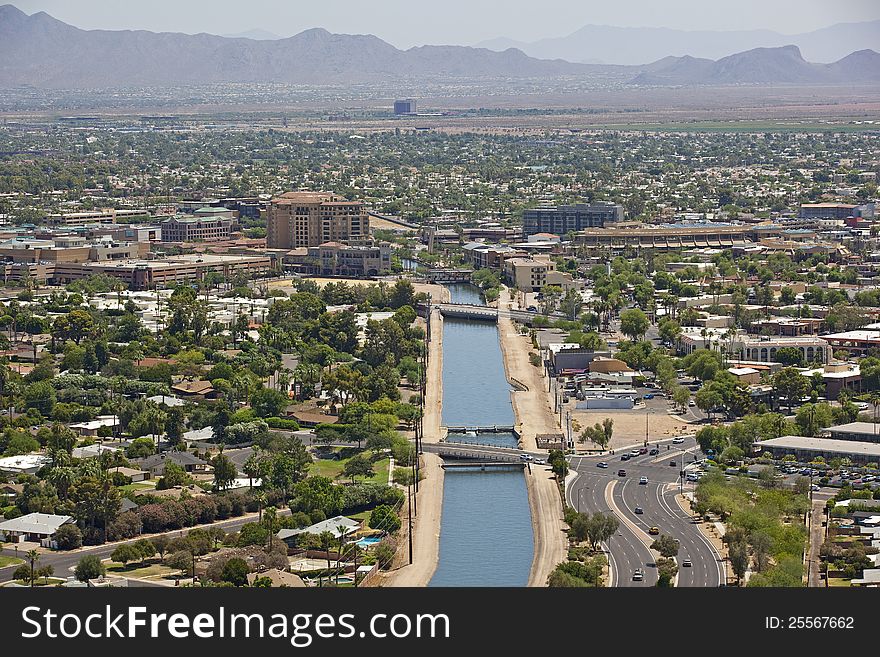 Canal running through downtown Scottsdale, Arizona from above. Canal running through downtown Scottsdale, Arizona from above