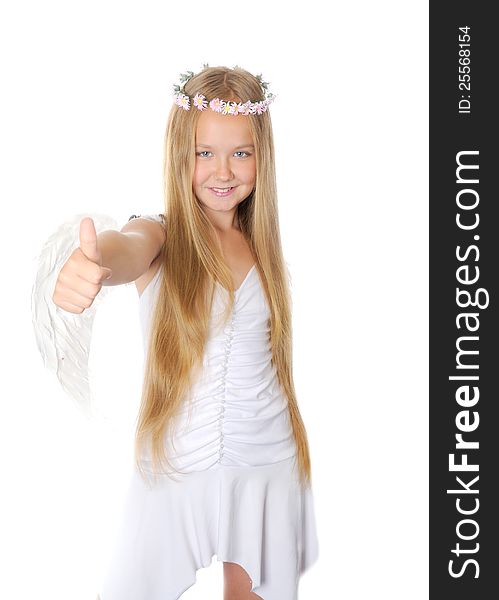 Blong girl dressed like an angel,showing thumbs up sign against white background. Blong girl dressed like an angel,showing thumbs up sign against white background