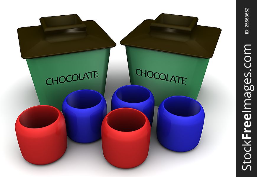 A plastic container labeled chocolate and a group of colored cups. A plastic container labeled chocolate and a group of colored cups