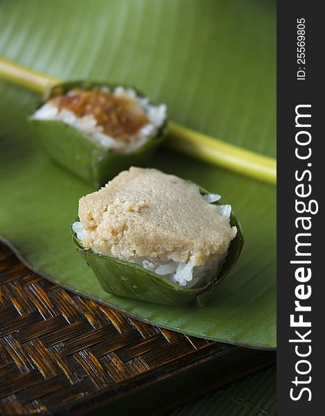 Cup of Thai traditional dessert on banana leaf. Cup of Thai traditional dessert on banana leaf