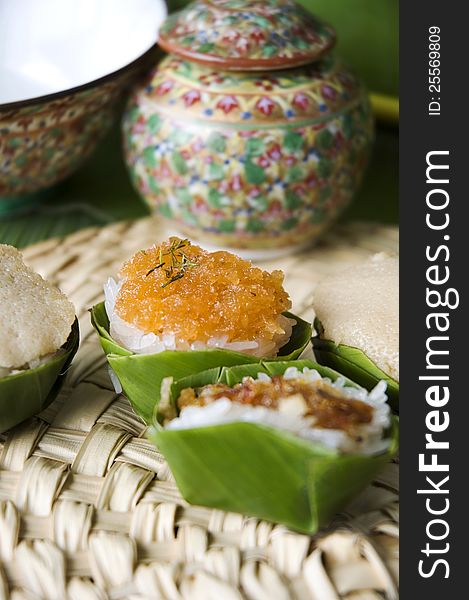 Native dessert in banana leaf cup in Thai old style