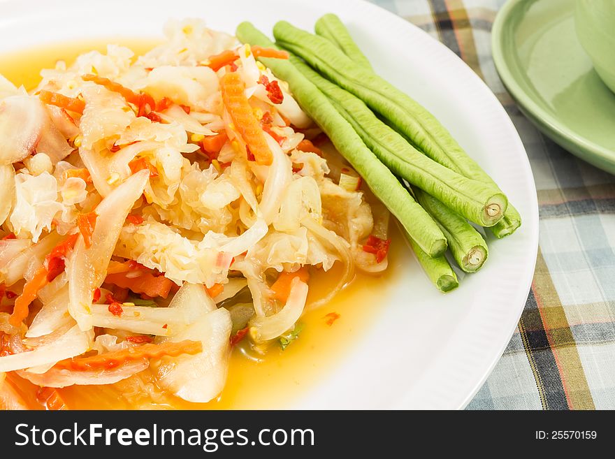 Spicy mushroom and chicken leg salad : thai food