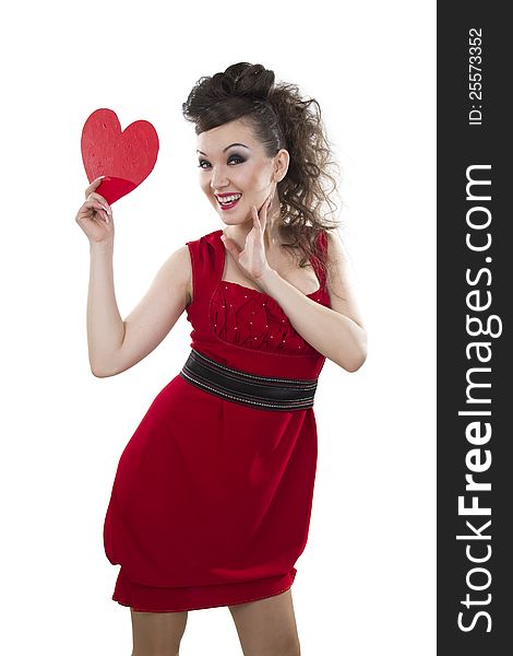 Beautiful Asian woman in a red dress shows the heart form - a love symbol. Beautiful Asian woman in a red dress shows the heart form - a love symbol