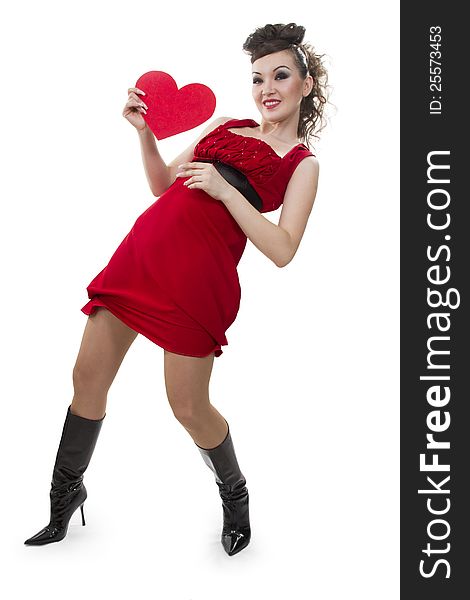 Beautiful Asian woman in a red dress shows the heart form - a love symbol. Beautiful Asian woman in a red dress shows the heart form - a love symbol