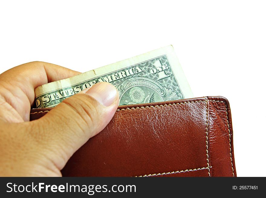 1 US dollar money in wallet, isolated in white background. money , 1 US dollar