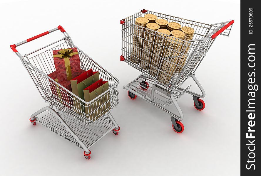 Concept of purchase of commodities for money. Shopping carts with boxes and dollars.