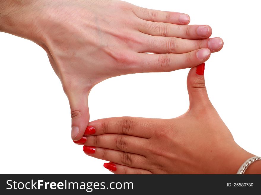 Women's and men's hands gesturing together isolated on white background. Women's and men's hands gesturing together isolated on white background