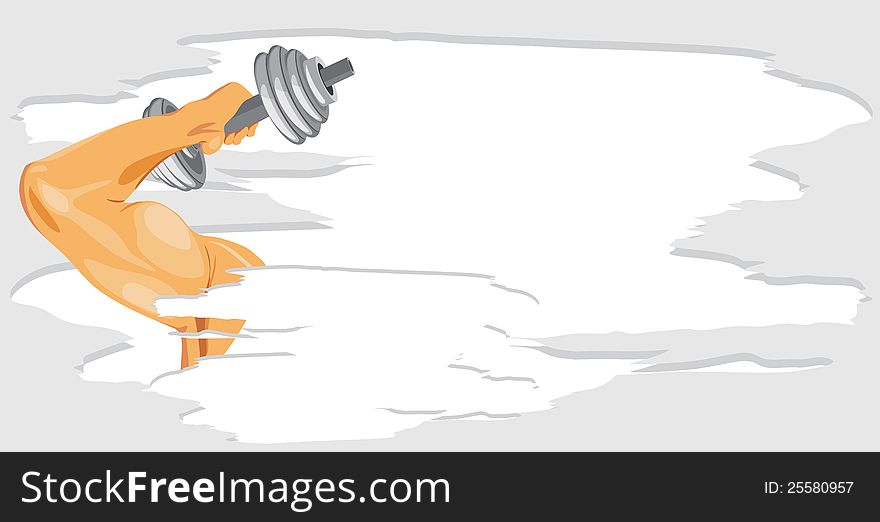 Masculine hand with dumbbell. Sport banner. Illustration