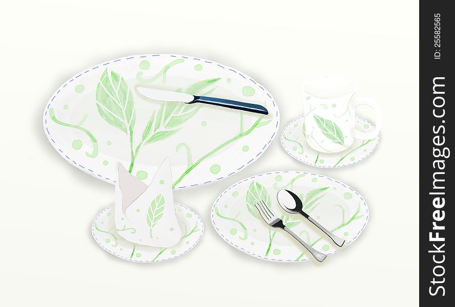 Ceramic Dishware Set & Green leaf pattern for one person. Ceramic Dishware Set & Green leaf pattern for one person